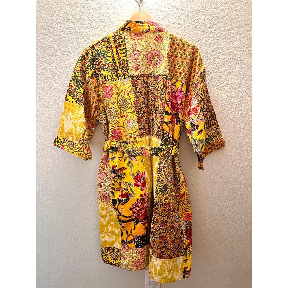 NEW Boho Patchwork Kantha 100% Cotton Robe Yellow Floral Quilted Kimono Belted - Picture 4 of 8